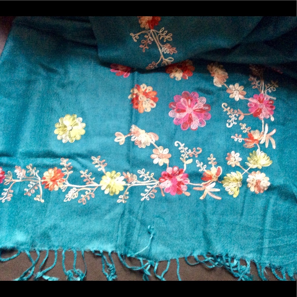 NWT TEAL PASHMINA with embroidered flowers